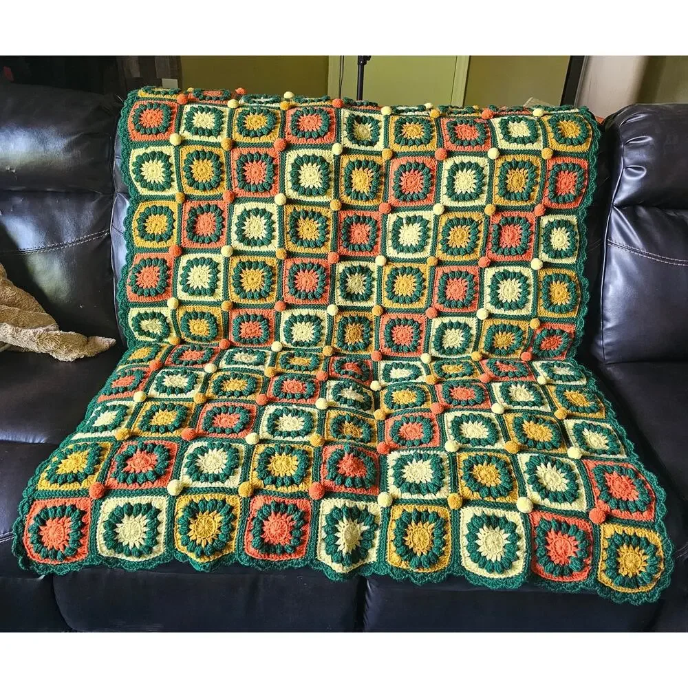 GRANNY SQUARE AFGHAN 4' x 6' Crochet Colorful Puff Balls Scalloped Edge GIFT